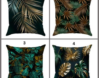 Black Background Tropical Leaf Pillows | 20x20 Gradient Jungle Print Cushion Covers | Botanical Dark Decor | Sofa Patio Throw | Easy Clean
