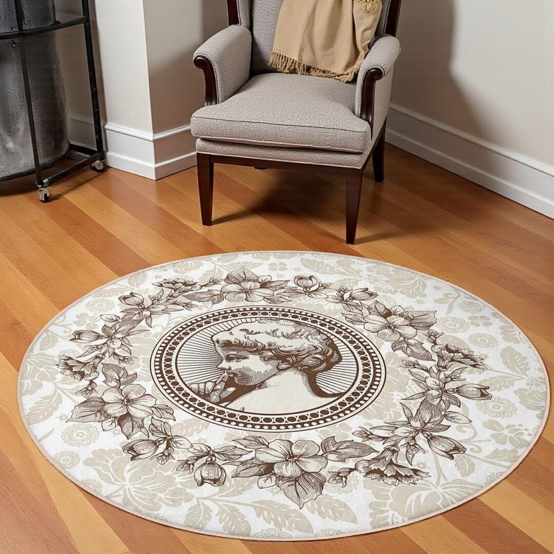 Roman Rug Round Vintage Roman Lady Round Rug – Beige Floral Classical Portrait Design ...
