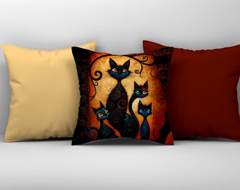 Funda de almohada con diseño de gato gótico, cojín naranja, beige y negro, funda de almohada decorativa con estampado artístico, cojín de Halloween, tela de terciopelo suave lavable.