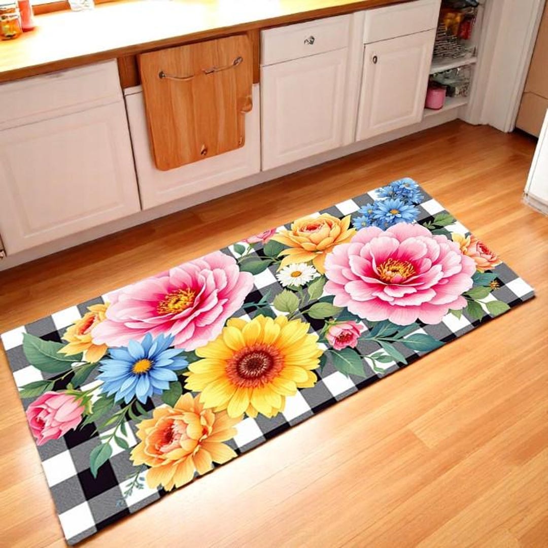 Colorful Floral Kitchen Mat Rug - Black White Kitchen Checkered