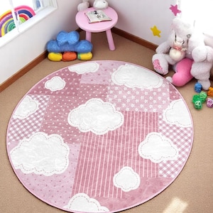 Tapis nuage rose pastel - motif écossais à pois - tapis antidérapant lavable - pour chambre de bébé ou d'enfant - tapis rond doux - tapis de chambre pour filles