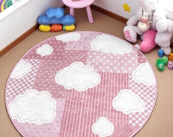 Pastel Pink Cloud Rug - Polka Dot Plaid Design - Washable Non Slip Mat - For Nursery or Kids Room - Soft Round Carpet- Girls Bedroom Rug