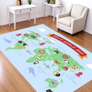 Personalisierter Kinder Teppich | Individuelle Namensspieldecke mit niedlichen Tieren | Weicher Waschbarer Teppich | Rutschfest | Einzigartiges Geschenk für Kinder