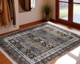 Alfombra bohemia lavable / Alfombra tribal gris azul marino / Alfombra con medallón antideslizante / Estilo vintage para el suelo de la sala de estar / Alfombra decorativa para la entrada del dormitorio