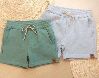 Musselin Shorts Kinder| Sommerhose Junge Mädchen | kurze Hose | Strand | Beach | mit Taschen und Zierschleife |Größe 86 - 128