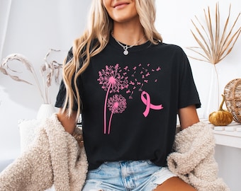 Shirt borstkanker, T-shirt paardenbloem borstkanker bewustzijn lint, cadeau borstkanker, T-shirt vrouw krijger, roze lint, Comfort Colors®