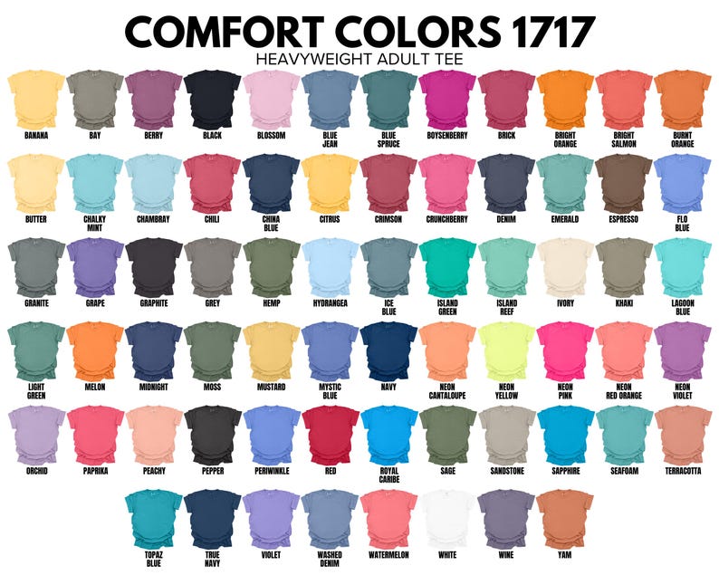 May include: A color chart of Comfort Colors 1717 heavyweight adult tees. The image displays a variety of t-shirt colors, each labeled with a unique name. The colors range from light pastels to vibrant hues, including shades of blue, pink, green, and orange.