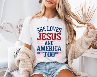 Koszulka z okazji Czwartego Lipca, Koszulka She Loves Jesus and America Too, Koszulka chrześcijańska, Flaga USA, Koszulka retro w stylu amerykańskim, Comfort Colors®