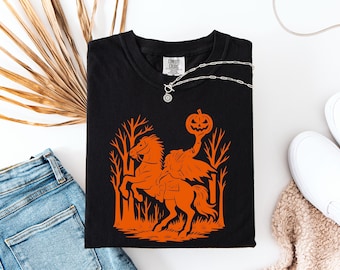 T-shirt d'Halloween, T-shirt d'Halloween cavalier sans tête, T-shirt d'Halloween rigolo, Saison effrayante, Saison d'automne, T-shirt citrouille, Comfort Colors®