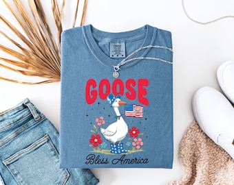 Maglietta del 4 luglio, maglietta Goose Bless America, maglietta patriottica, maglietta rossa, bianca e blu, abbigliamento divertente USA, orgoglio americano, Comfort Colors®