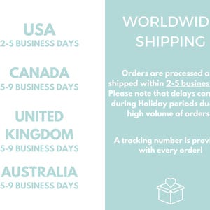 May include: Text on a white and light blue background. The text includes "USA 2-5 BUSINESS DAYS", "CANADA 5-9 BUSINESS DAYS", "UNITED KINGDOM 5-9 BUSINESS DAYS", and "AUSTRALIA 5-9 BUSINESS DAYS". Additional text states "WORLDWIDE SHIPPING".