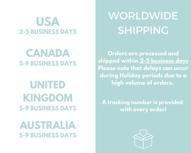 May include: Text on a white and light blue background. The text includes "USA 2-5 BUSINESS DAYS", "CANADA 5-9 BUSINESS DAYS", "UNITED KINGDOM 5-9 BUSINESS DAYS", and "AUSTRALIA 5-9 BUSINESS DAYS". Additional text states "WORLDWIDE SHIPPING".