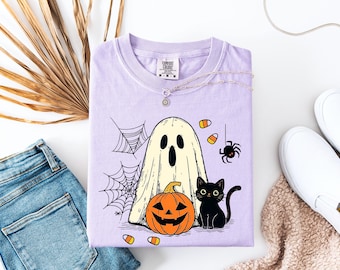 Halloween-spöktröja, Halloween-t-shirt med svart katt och spöke, Halloween-t-shirt, läskig säsong, Halloween-spöktröja, kattt-shirt, Comfort Colors®