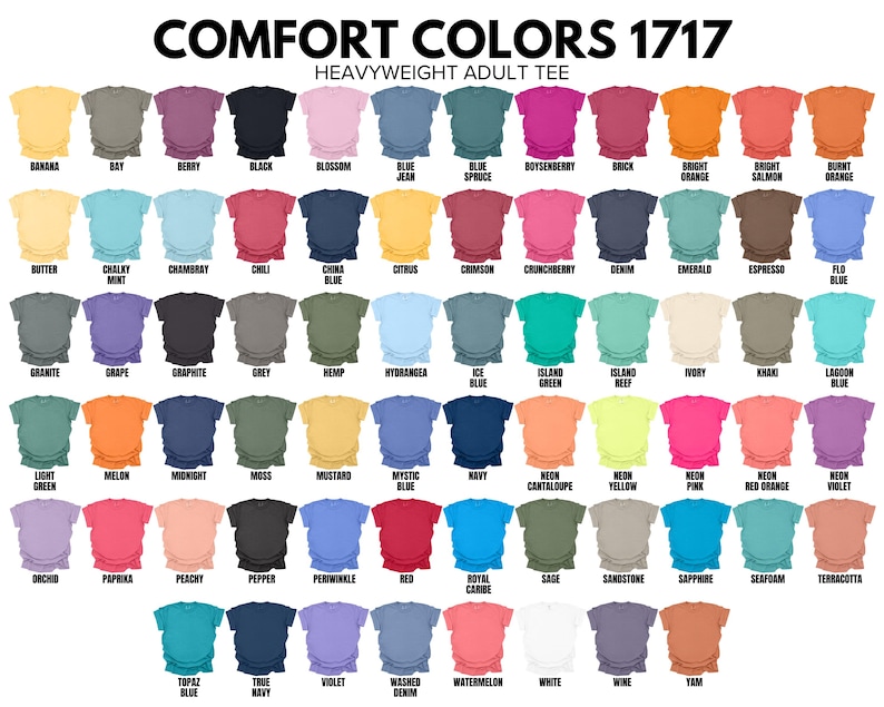 Op de afbeelding: Een kleurenkaart van Comfort Colors 1717 heavyweight volwassen T-shirts. De afbeelding toont een verscheidenheid aan T-shirtkleuren, elk gelabeld met een unieke naam. De kleuren vari&euml;ren van lichte pasteltinten tot levendige tinten, waaronder tinten blauw, roze, groen en oranje.