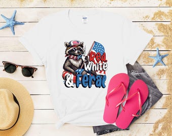 Chemise 4 juillet, chemise rouge, blanche et sauvage, fête de l'indépendance, chemise Amérique, chemise drôle 4 juillet, t-shirt raton laveur sauvage Feral, Indep