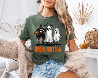 Halloween Shirt, Spooky and Feral T-shirt, Funny Raccoon Shirt, Halloween Gifts, Spooky Season Shirt, Raccoon Witch Tee, Comfort Colors®