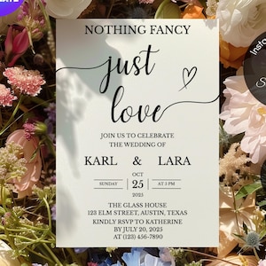 May include: A wedding invitation with the words "just love" in elegant script, surrounded by a floral arrangement. The invitation includes details for Karl and Lara's wedding, with a 5x7 inch size, and is shareable via various digital platforms.