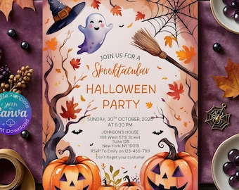Halloween Party Invitation Canva Template - Editable 5x7 - Mobile Friendly 1080x1920 PX