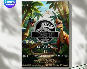 May include: A digital invitation featuring a dinosaur theme. The design includes illustrations of dinosaurs, palm trees, and the text "Jason is turning 11". The invitation also includes event details and RSVP information.