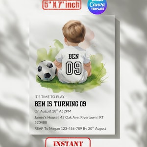 Editable Soccer Birthday Invitation Digital, Soccer Party Invite, Football Birthday Evite, Editable Canva Template, 1st birthday football