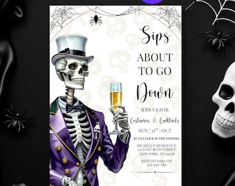 Adult Halloween Sips About to Go Down Skeleton Invitation, Cocktails and Costumes Invitation, Halloween Party Digital Invite, Canva Template