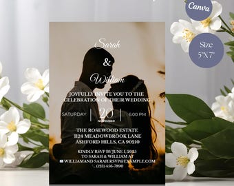 Romantic Photo Wedding Invitation Template, Silhouette Couple Invite, Customizable Canva Template, Elegant Printable 5x7 Card