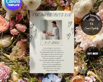 Editable Father’s Day Card Canva Template | For My Beloved Dad Poem | Printable Father&#39;s Day Gift From Son or Daughter|PolaroidPhotokeepsake