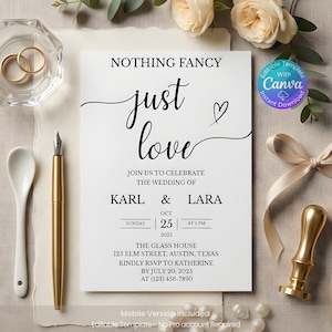 May include: A white wedding invitation card with black text reading NOTHING FANCY just love, featuring names Karl and Lara, date October 25, 2025, and location details. The card is surrounded by a gold pen, a wax seal stamp, and two gold rings.