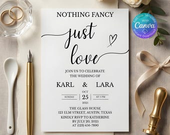 May include: A white wedding invitation card with black text reading NOTHING FANCY just love, featuring names Karl and Lara, date October 25, 2025, and location details. The card is surrounded by a gold pen, a wax seal stamp, and two gold rings.