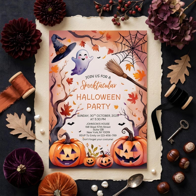 Halloween Party Invitation Digital Halloween Invitation Template Printable Invite Lets Get Spooky Ghost Party Trick or Treat Canva Template image 7