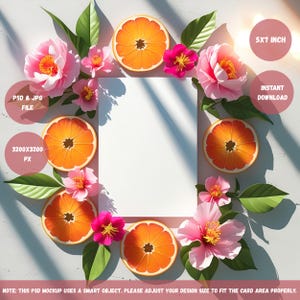 Maquette de carte d'invitation aux agrumes 5 x 7 verticales, PSD et JPEG à plat d'été, maquette de carte de voeux floral orange lumière du soleil PSD