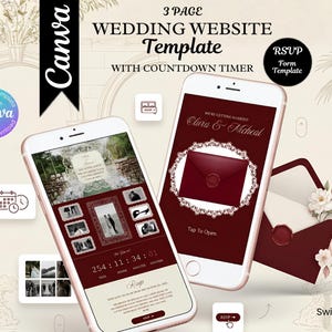 Peut inclure: Maquette de site web de mariage numérique affichée sur deux smartphones. Le modèle comprend un compte à rebours, un formulaire RSVP et une galerie de photos. Le design présente des couleurs bordeaux et crème avec des accents floraux. Le logo Canva est visible.