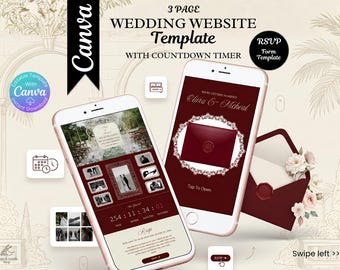 May include: A digital wedding website template displayed on two smartphones. The template includes a countdown timer, RSVP form, and photo gallery. The design features burgundy and cream colors with floral accents. The Canva logo is visible.