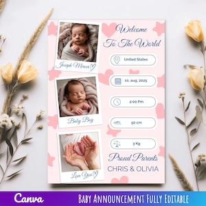 Baby Announcement, Canva Template, Modern 5x7 Photo Birth Announcement, Baby Stats, Newborn Gift, Announcement Card for Boy or Girl