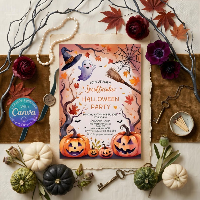 Halloween Party Invitation Digital Halloween Invitation Template Printable Invite Lets Get Spooky Ghost Party Trick or Treat Canva Template image 6