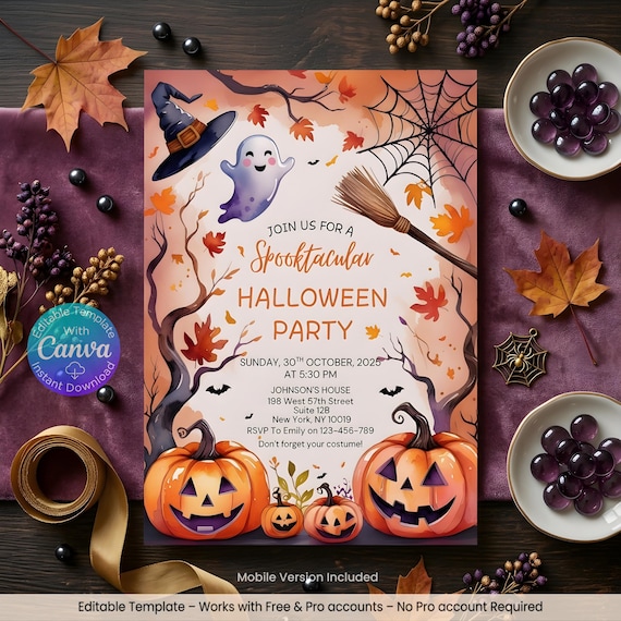 Halloween Party Invitation Digital Halloween Invitation Template Printable Invite Lets Get Spooky Ghost Party Trick or Treat Canva Template