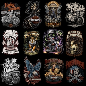 Puede incluir: Una colecci&oacute;n de doce dise&ntilde;os gr&aacute;ficos distintos de Harley-Davidson que presentan calaveras, motocicletas, &aacute;guilas, tigres y figuras hist&oacute;ricas como Buffalo Bill, sobre un fondo negro con ilustraciones detalladas y texto de marca.