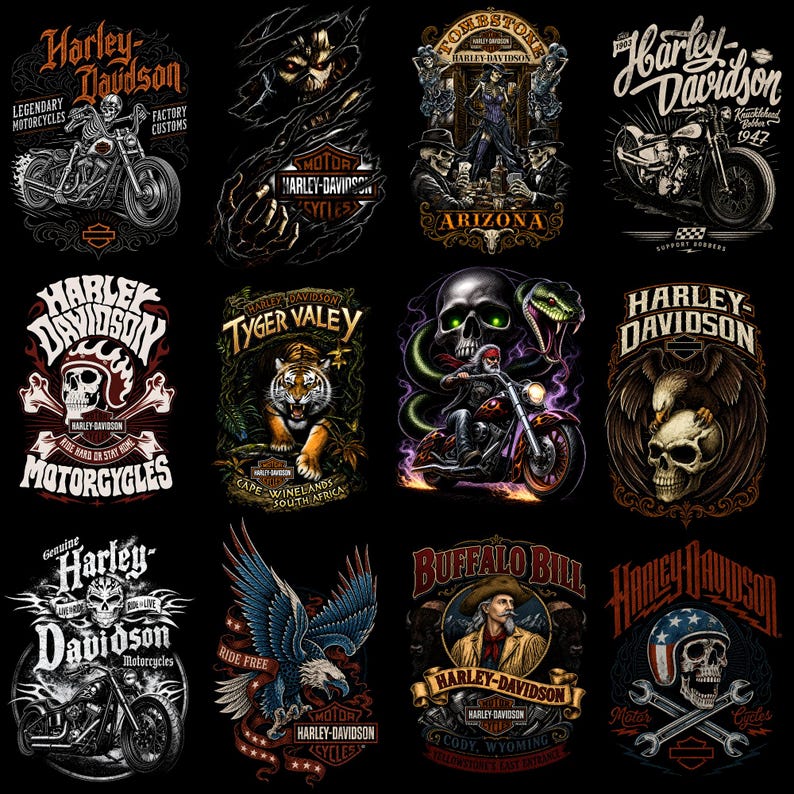 Puede incluir: Una colecci&oacute;n de doce dise&ntilde;os gr&aacute;ficos distintos de Harley-Davidson que presentan calaveras, motocicletas, &aacute;guilas, tigres y figuras hist&oacute;ricas como Buffalo Bill, sobre un fondo negro con ilustraciones detalladas y texto de marca.