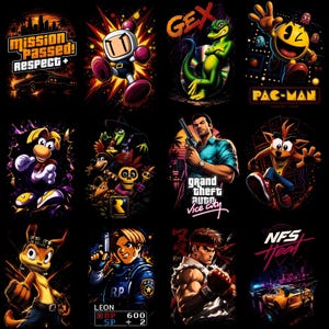 Könnte beinhalten: Eine Sammlung von zwölf Grafikdrucken mit ikonischen Videospielcharakteren und Logos, darunter Pac-Man, Bomberman, Gex, Rayman, Crash Bandicoot, Ryu und Leon, vor dunklen Hintergründen mit leuchtenden Farben und stilisierten Schriftzügen.