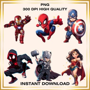 Cute Superhero PNG Bundle – Comic Style Clipart for Stickers, Birthday Decor, T-Shirts, Planners, Sublimation, Crafts, Instant Download