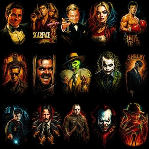 Op de afbeelding: Een verzameling kleurrijke portretten van iconische filmkarakters, waaronder Batman, Scarface en Harley Quinn. De afbeeldingen zijn in rijen en kolommen op een zwarte achtergrond gerangschikt en tonen een verscheidenheid aan filmgenres en -stijlen.