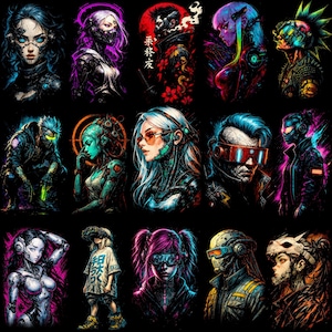 Op de afbeelding: Een verzameling digitale kunstportretten met futuristische cyborg-personages met neonkleuraccenten. Elk portret toont unieke ontwerpen, waaronder cybernetische verbeteringen, gloeiende ogen en gestileerde kleding tegen een zwarte achtergrond.