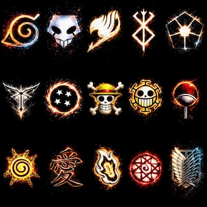 Könnte beinhalten: Ein Raster aus fünfzehn leuchtenden, von Anime inspirierten Symbolen vor einem schwarzen Hintergrund. Jedes Icon zeigt feurige orange, rote und blaue Lichteffekte, darunter ein Blattsymbol, ein Totenkopf mit Strohhut und geometrische Formen.