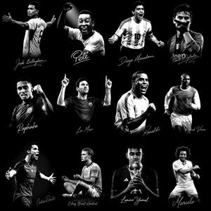 Puede incluir: Retratos en blanco y negro de futbolistas famosos, incluyendo a Jude Bellingham, Pelé, Diego Maradona, Raphinha, Leo Messi, Ronaldo, Patrick Vieira, Cristiano Ronaldo, Erling Haaland, Lamine Yamal y Marcelo. Cada retrato con su firma.
