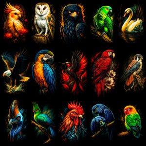 Könnte beinhalten: Eine Sammlung lebendiger Vogelillustrationen auf schwarzem Hintergrund. Die Kunstwerke zeigen eine Vielzahl von Vögeln, darunter eine Eule, ein Papagei, ein Adler und ein Schwan, jeweils mit detaillierten Federn und leuchtenden Farben. Die Vögel sind in einem malerischen Stil dargestellt.