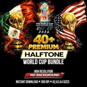 40+ Halftone World Cup Football PNG Bundle, Soccer Country Flag Trophy Designs, A2 A3 A4 Print Files, DTF DTG T Shirt Graphics