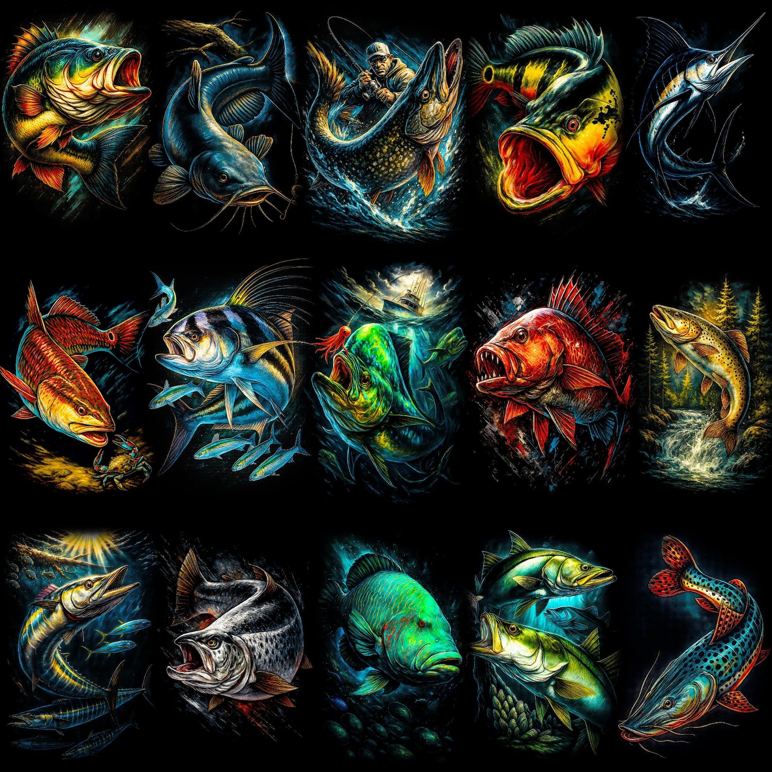 120+ Halftone Fishing Bundle | Fish Art PNG for DTF DTG | A2 A3 A4 T ...