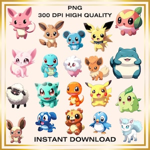 20 Kawaii Pokemon PNG Bundle – Cute Chibi Characters Clipart for Shirts, Stickers, Sublimation, Digital Download, 300 DPI