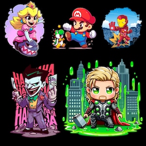 May include: A collection of cartoon illustrations featuring characters from popular video games and comic books. Includes Princess Peach, Mario, Iron Man, The Joker, and Thor, each in a unique pose against a black background.