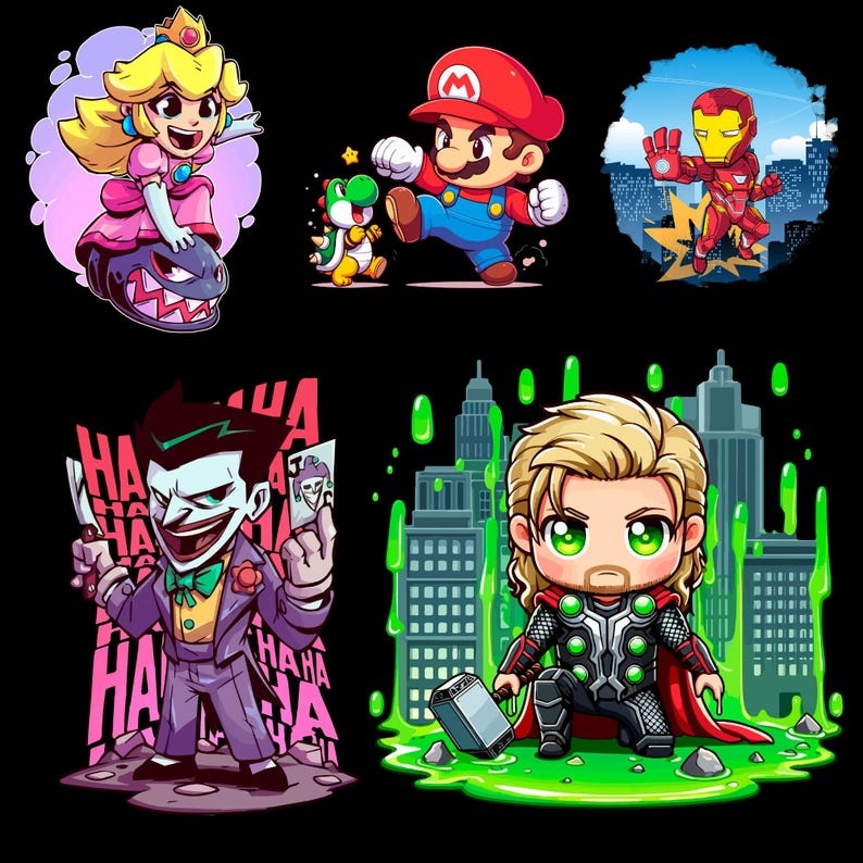 May include: A collection of cartoon illustrations featuring characters from popular video games and comic books. Includes Princess Peach, Mario, Iron Man, The Joker, and Thor, each in a unique pose against a black background.